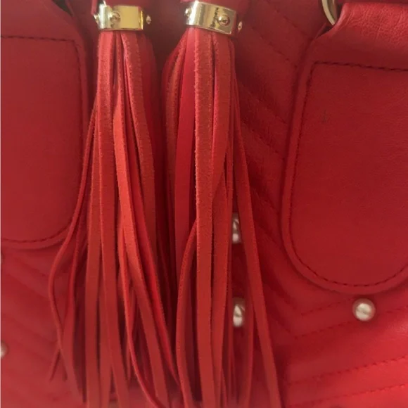 Red Quilted Handbag with Pearl Accents - Picture 2 of 7